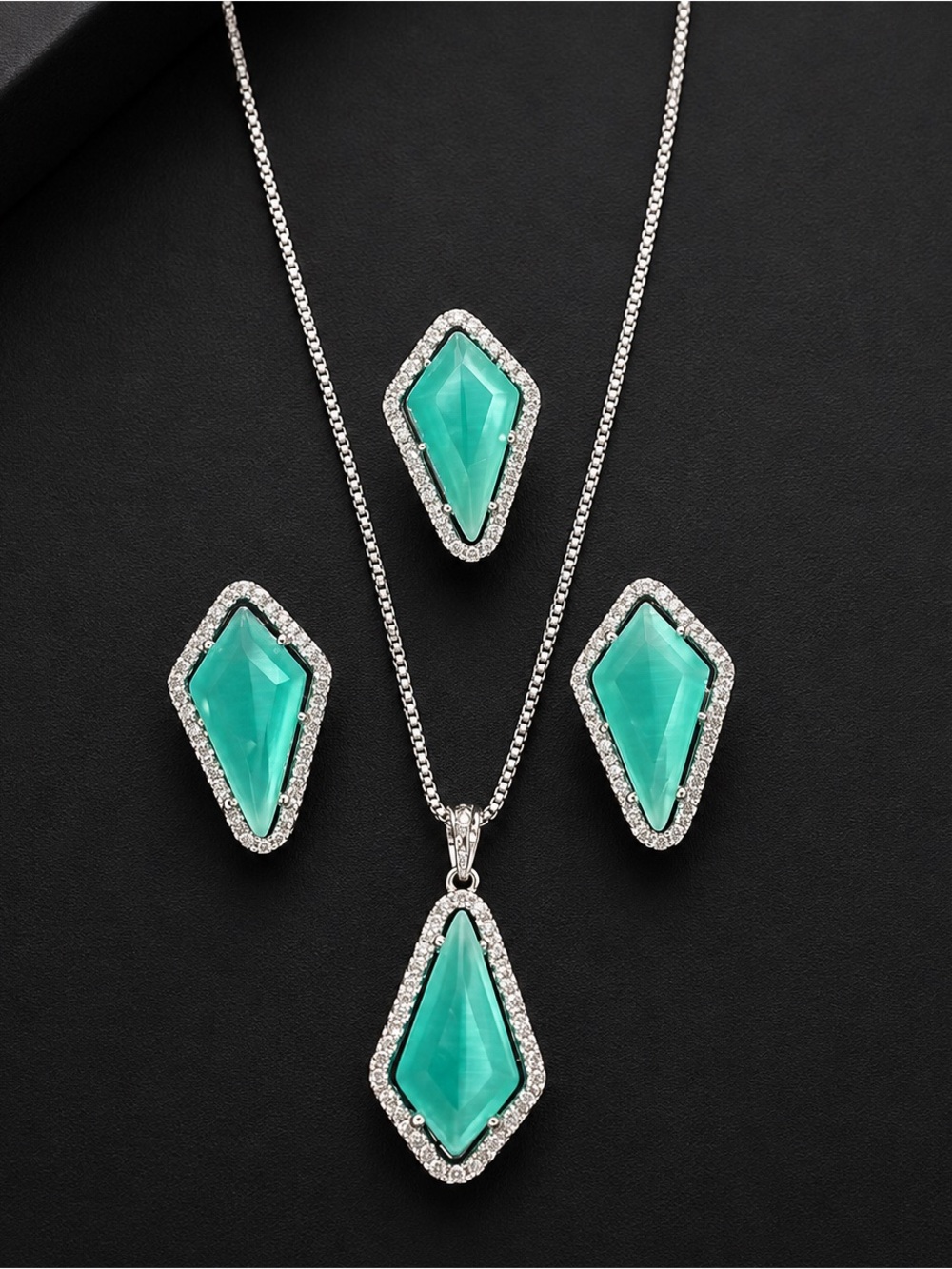 Teal Crystal Pendant Necklace and Stud Earrings Set - Elegant Women’s Jewelry